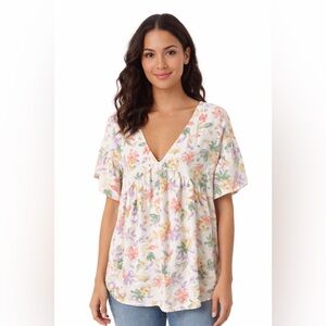 Adora Watercolor Floral Boho Blouse Large | Cottagecore Pastel V Neck Flowy Top